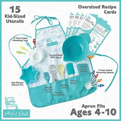 MindWare Playful Chef: Deluxe Kid-Sized Utensils Cooking Set With Apron For Kids – Ages 4 & Up – 23 Piece Set 4 MindWare Playful Chef: Deluxe Kid-Sized Utensils Cooking Set With Apron For Kids – Ages 4 & Up – 23 Piece Set - Image 2