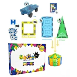 Mag Genius - 51 Pieces Of Colorful And Transparent Magnetic Building Tiles In Geometrical Shapes For Enhanced Structures