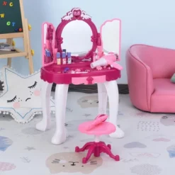 Qaba Infrared Remote Control Kids Dress-up Vanity Table Chair Girls Pretend Dressing Table Set With Music And Lightening Cosmetic Mirror Hair Dryer