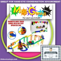 Mag Genius 124 Pieces Magnetic Speedway Race Tracks With Self Driving Battery Powered Light Up Race Cars