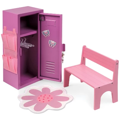 Badger Basket School Style Single Doll Locker Set With Bench, Rug And Accessories - Purple/Pink 5 Badger Basket School Style Single Doll Locker Set With Bench, Rug And Accessories - Purple/Pink - Image 3