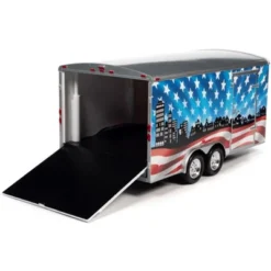 Four Wheel Enclosed Car Trailer Patriotic "Brave And Bold" With Graphics For 1/18 Scale Model Cars By Auto World