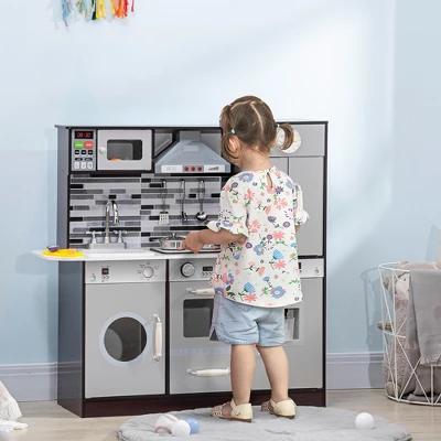Qaba Wooden Play Kitchen With Lights Sounds, Kids Kitchen Playset With Washing Machine, Water Dispenser, Microwave, Range Hood, Refrigerator 3 Qaba Wooden Play Kitchen With Lights Sounds, Kids Kitchen Playset With Washing Machine, Water Dispenser, Microwave, Range Hood, Refrigerator