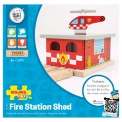 Bigjigs Rail Fire Station Shed Wooden Railway Train Set Accessory