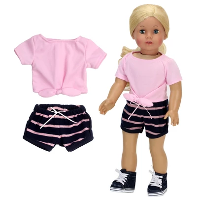 Sophia’s 2 Piece Summer Outfit With Tie Front Tee And Striped Shorts For 18" Dolls, Pink/Navy 4 Sophia’s 2 Piece Summer Outfit With Tie Front Tee And Striped Shorts For 18" Dolls, Pink/Navy - Image 2