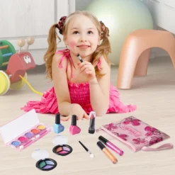 Playkidz Real Washable Play Make Up Set For Princess - 11 Piece Kids Makeup Kit For Girls Non Toxic - Full Makeup Dress Up Set With Bag
