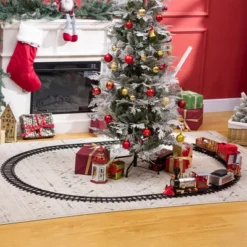 Qaba Sounds & Lights Christmas Tree Train Set For Under The Tree With Large Tracks, North Pole Express Train Set Holiday Toy For Kids, Christmas Gift