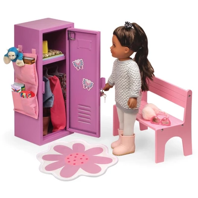 Badger Basket School Style Single Doll Locker Set With Bench, Rug And Accessories - Purple/Pink 3 Badger Basket School Style Single Doll Locker Set With Bench, Rug And Accessories - Purple/Pink
