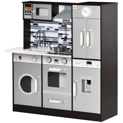 Qaba Wooden Play Kitchen With Lights Sounds, Kids Kitchen Playset With Washing Machine, Water Dispenser, Microwave, Range Hood, Refrigerator 5 Qaba Wooden Play Kitchen With Lights Sounds, Kids Kitchen Playset With Washing Machine, Water Dispenser, Microwave, Range Hood, Refrigerator - Image 3