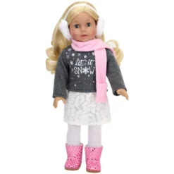 Sophia's - 18" Doll - "Let It Snow" Sweater, Lace Skirt, Leggings, Earmuffs, Pocket Scarf & Ewe Boots - Grey/White/Pink